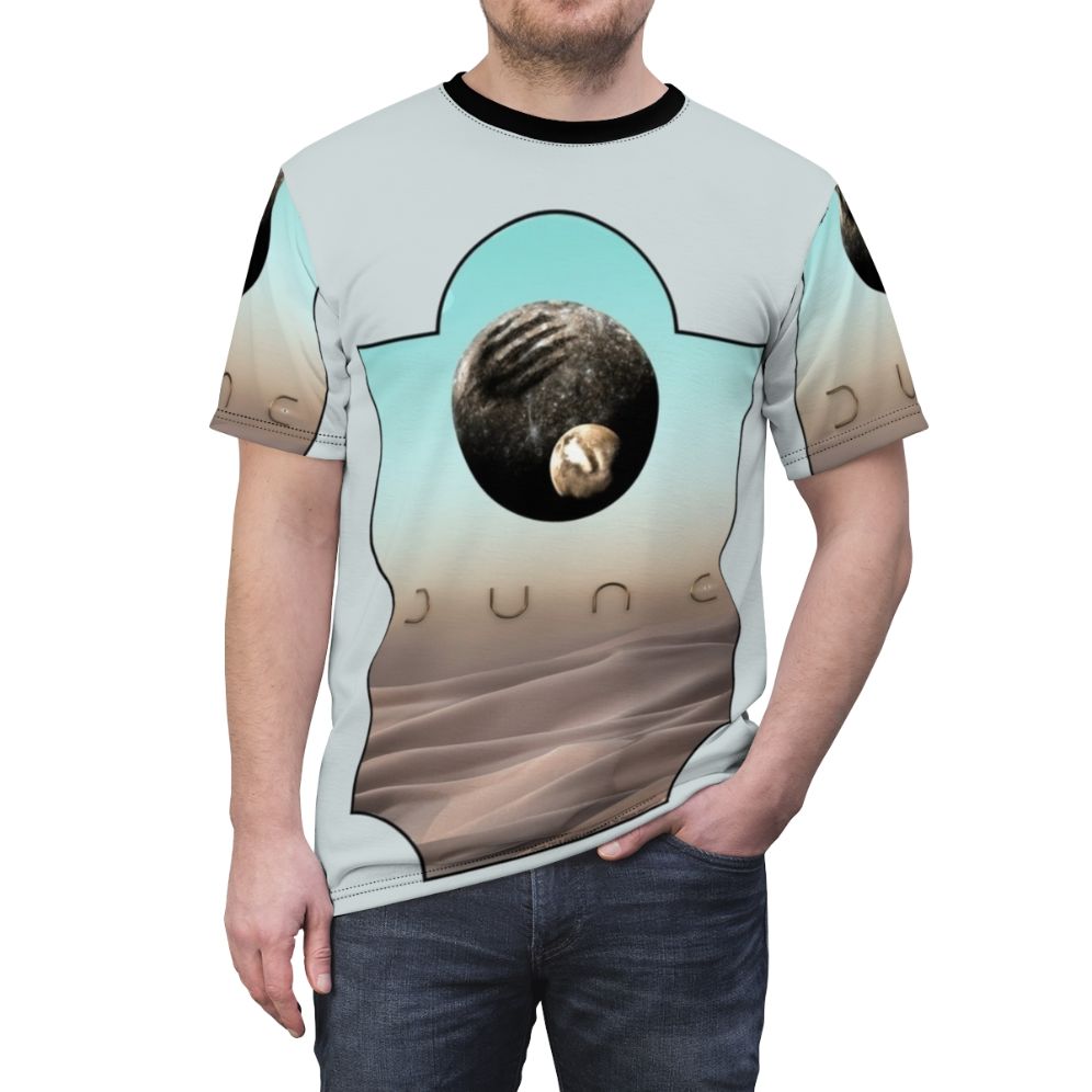 Dune inspired fan art t-shirt featuring iconic imagery from the 2020 sci-fi film. - men front