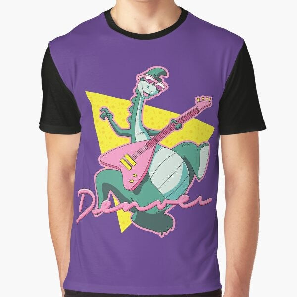 Retro 80s cartoon-style graphic t-shirt featuring "The Last Dinosaur", a nostalgic dinosaur character from the 1980s.