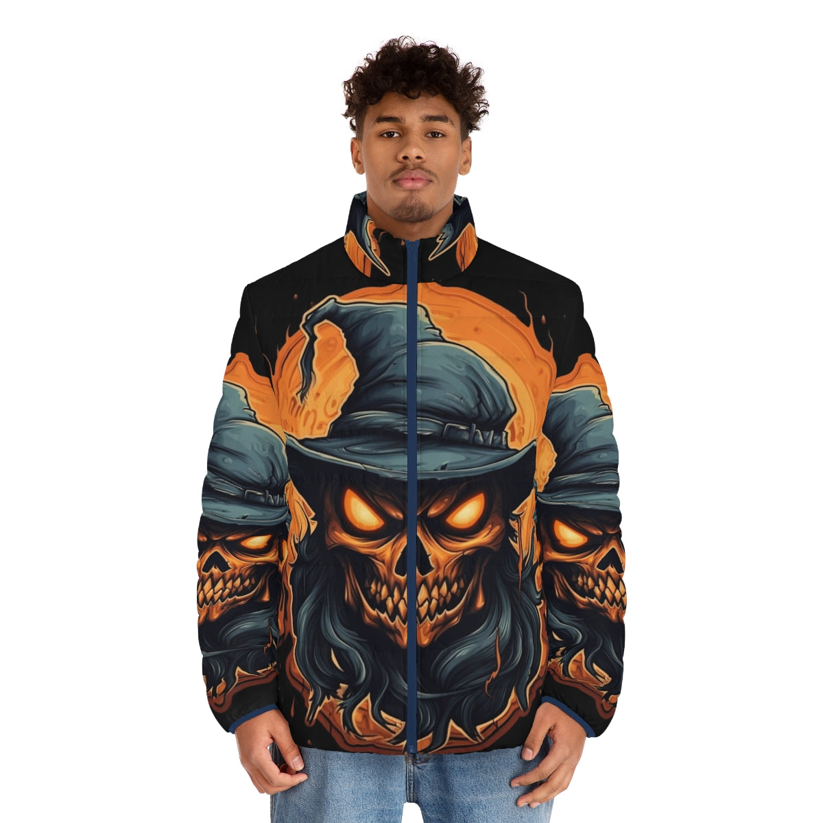 Skeletor Death Wizard Puffer Jacket with Burning Skull Design - men front