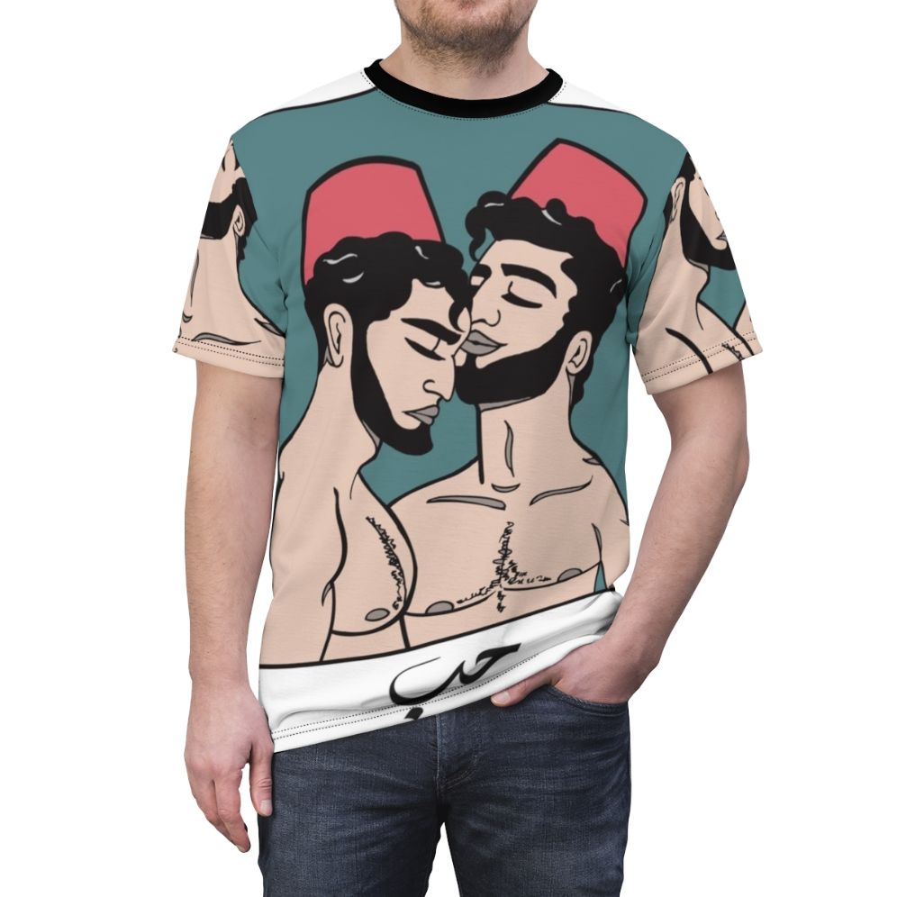 Colorful illustration of young men on a t-shirt design celebrating gay Arab culture - men front