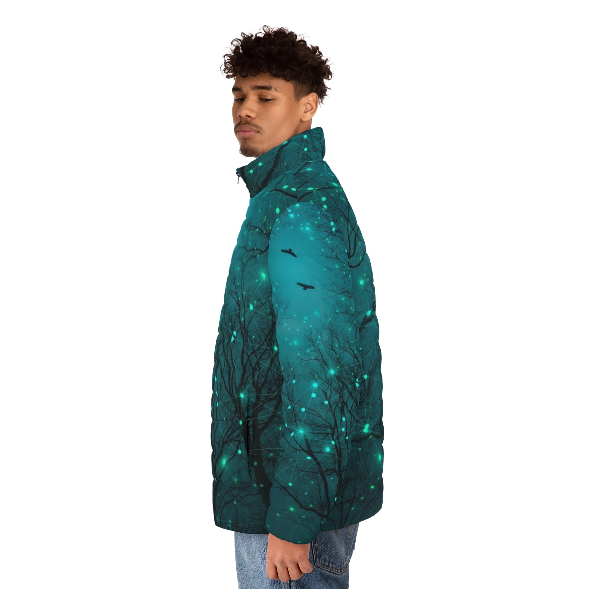 Puffer jacket featuring a glow-in-the-dark design of abstract tree silhouettes against a starry night sky - men side left