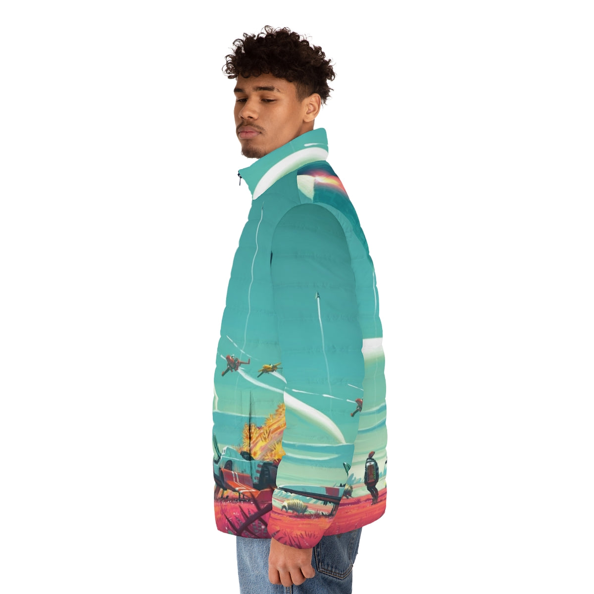 No Man's Sky Horizon Puffer Jacket featuring a spaceship design - men side left