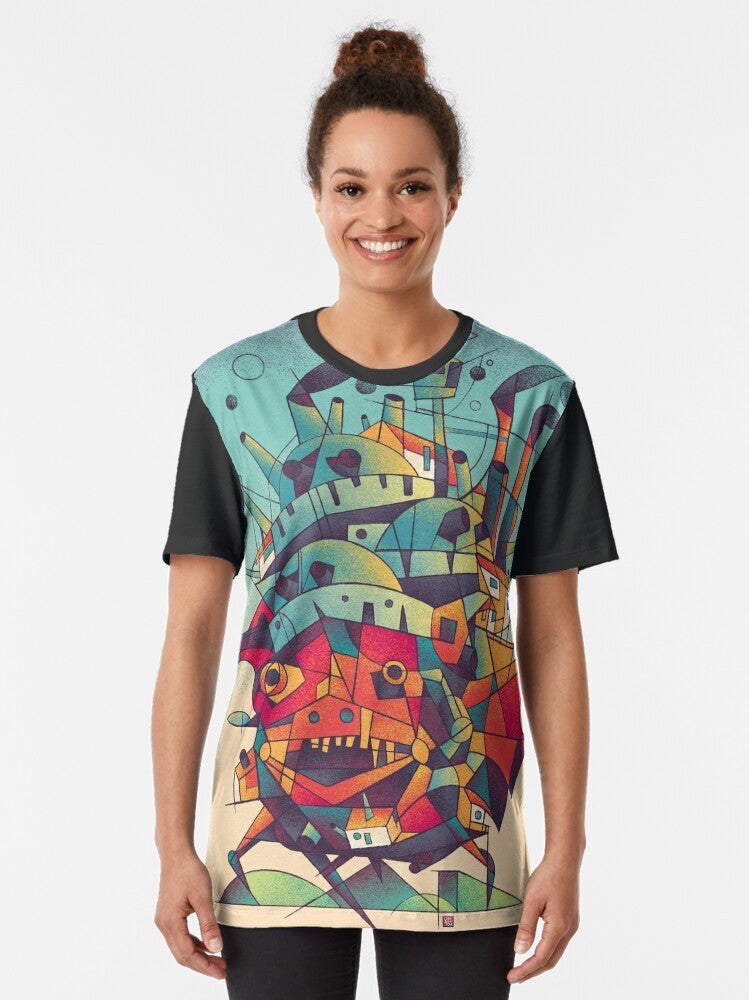 Cubist-inspired graphic t-shirt featuring a moving castle design in the style of anime and manga - Women