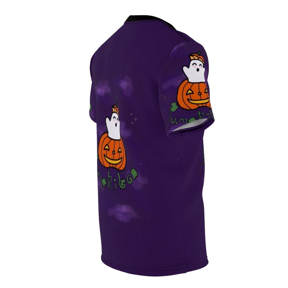 Pumpkin and ghost graphic t-shirt with stars on a purple background - men right