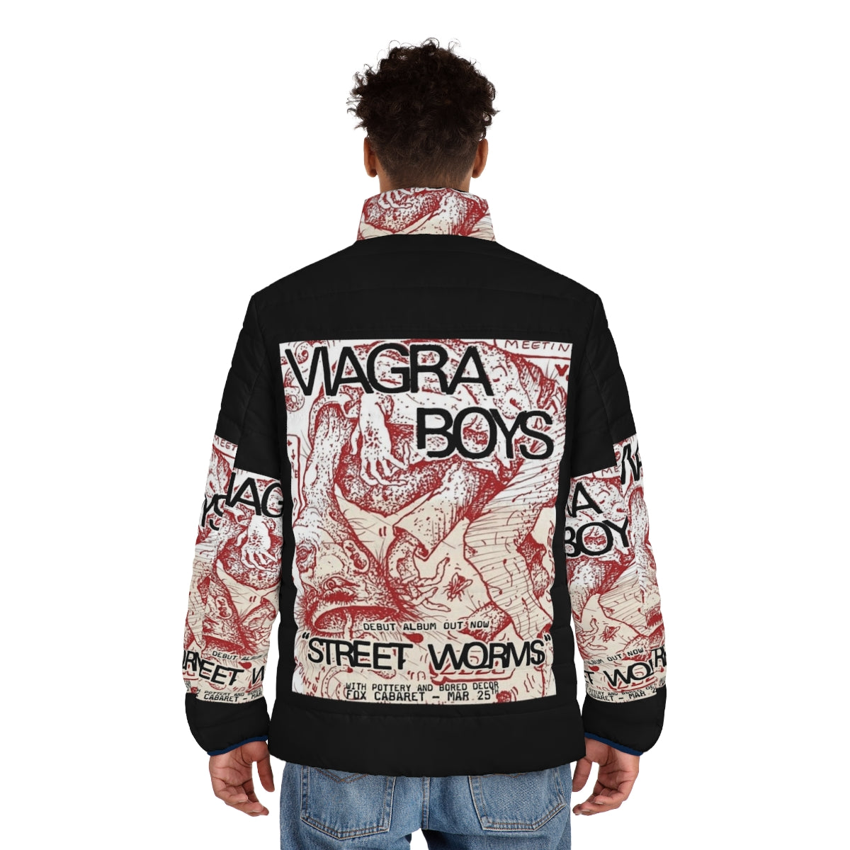 Viagra Boys Street Worms Puffer Jacket featuring yin yang pattern and minimalist design - men back