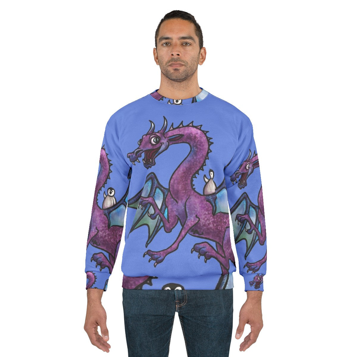 Penguin and dragon saving the day on a heroic fantasy sweatshirt - men