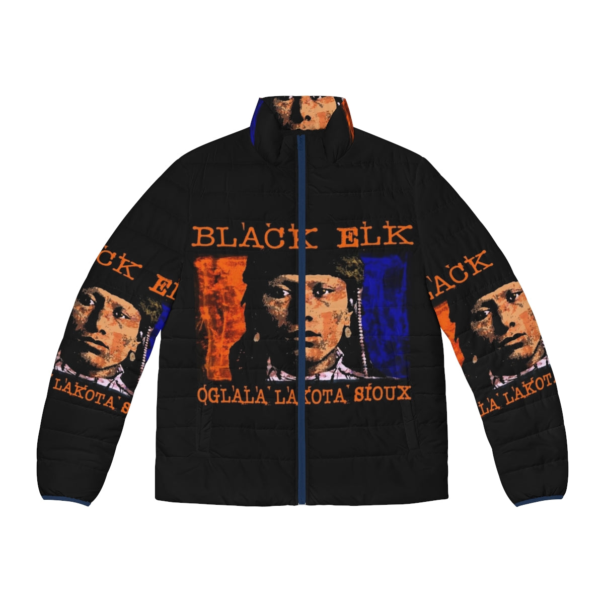 Stylish and warm puffer jacket featuring the iconic Black Elk design, representing the Oglala Lakota Sioux culture.