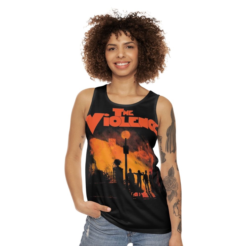 Unisex horror movie tank top with violent, spooky, and humor-filled design - women