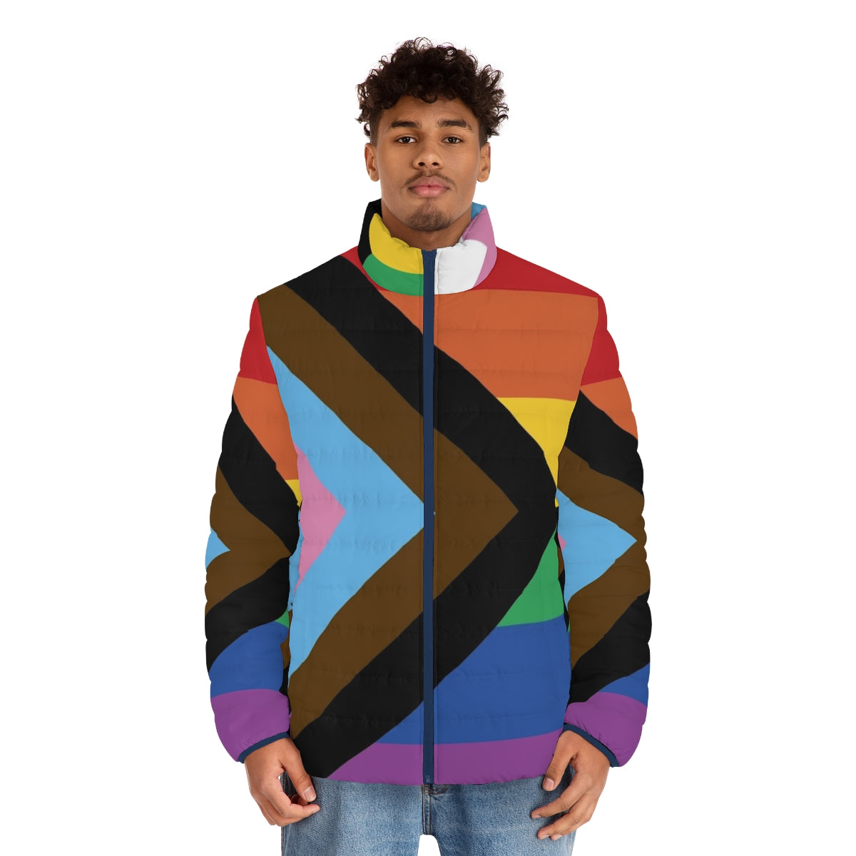 A vibrant puffer jacket featuring the Progress Pride Flag design, celebrating LGBTQ+ identity and inclusivity. - men front