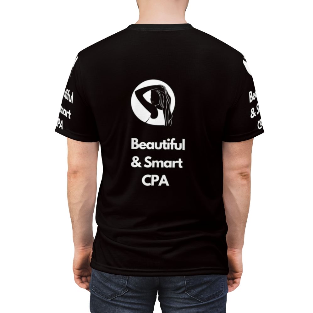 Beautiful and smart Certified Public Accountant (CPA) woman wearing a stylish t-shirt - men back