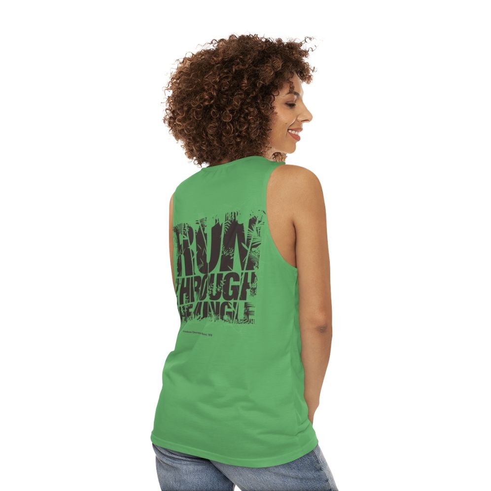 Unisex tank top with "Run Through The Jungle" graphic - women back