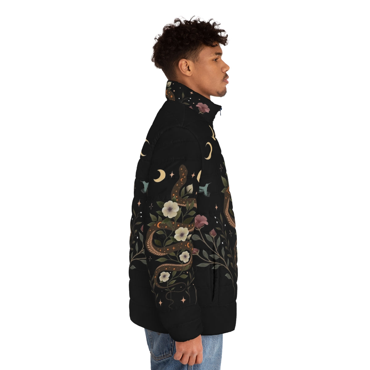 Serpent Spell Puffer Jacket in Mystical Botanical and Moonlight Design - men side right