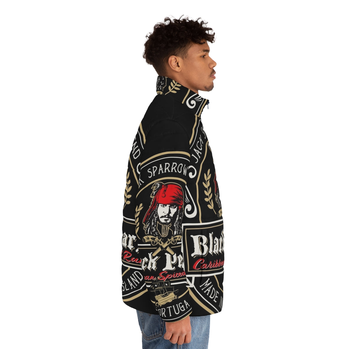 Black Pearl Rum Puffer Jacket featuring a pirate skull design - men side right