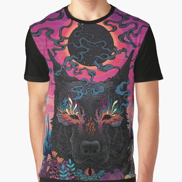 A graphic t-shirt featuring a psychedelic, surreal design of a dog in nature with neon colors and floral elements.