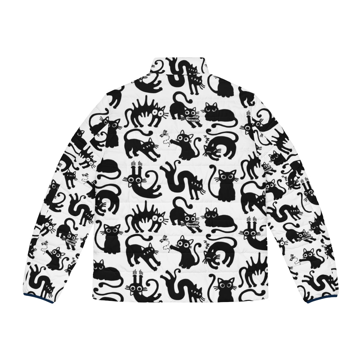 Cozy cat puffer jacket in a simple black and white lineart pattern - Back