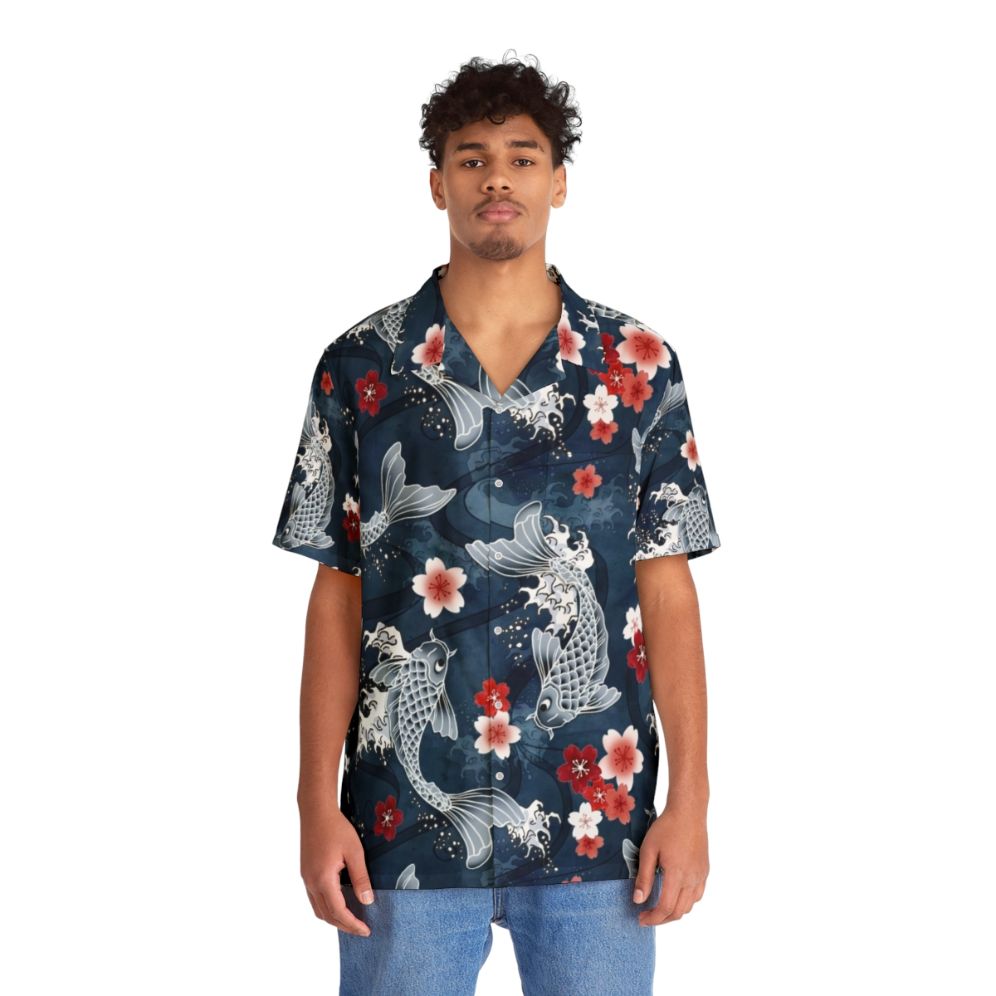 Koi and sakura blossom Hawaiian shirt in a watercolor design - People Front