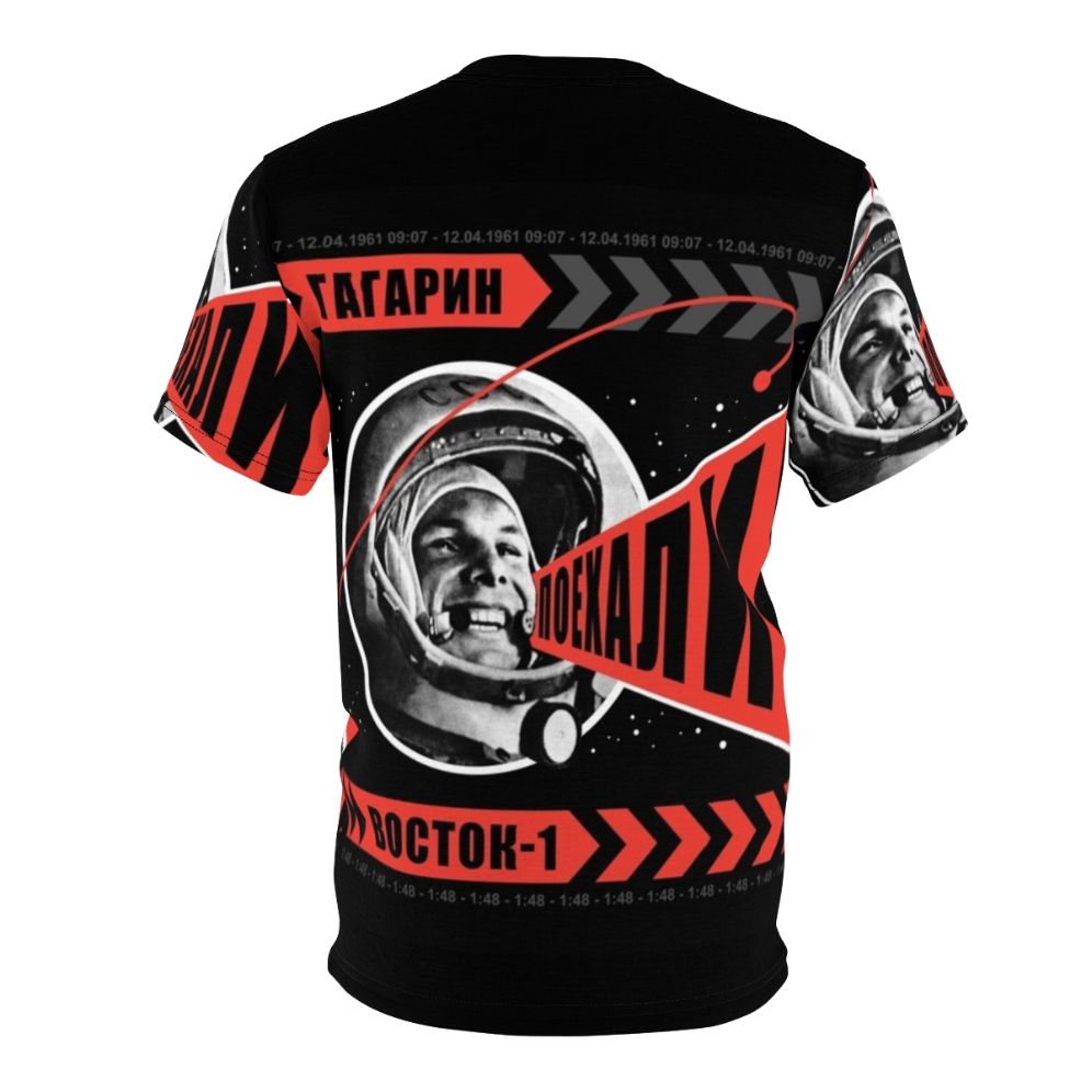 Retro-style t-shirt featuring the iconic "Poyekhali" space art design by Alexander Rodchenko, celebrating the Soviet space program and Yuri Gagarin's historic flight. - Back