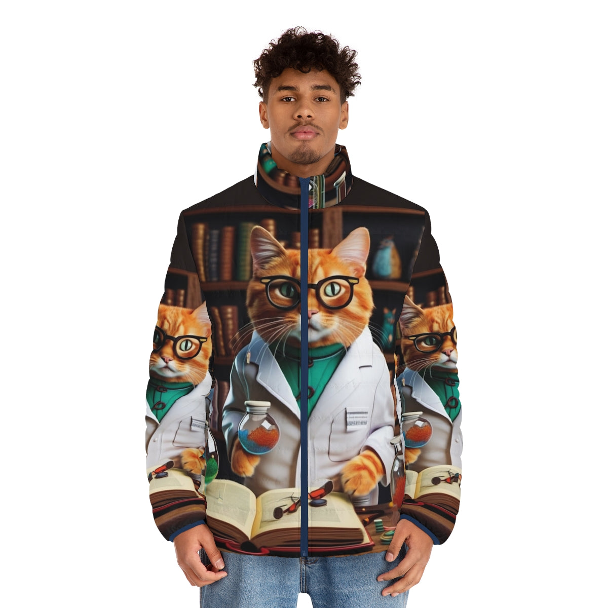 A cat wearing a colorful and playful puffer jacket - men front