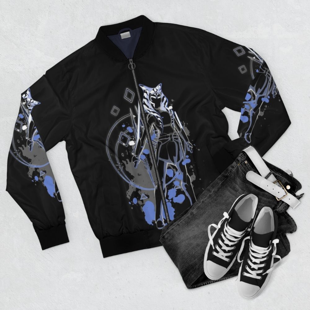 Ahsoka Bomber Jacket - Star Wars Inspired Togruta Design with Lightsaber Silhouette - Flat lay