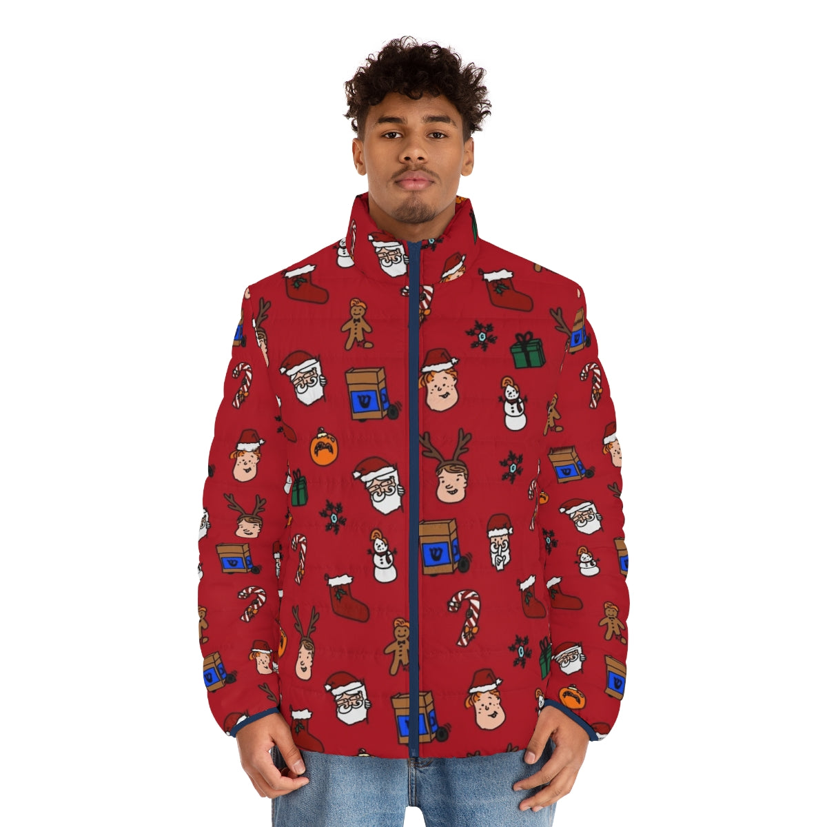 Team Coco Holiday Puffer Jacket featuring Conan O'Brien's iconic comedy brand - men front