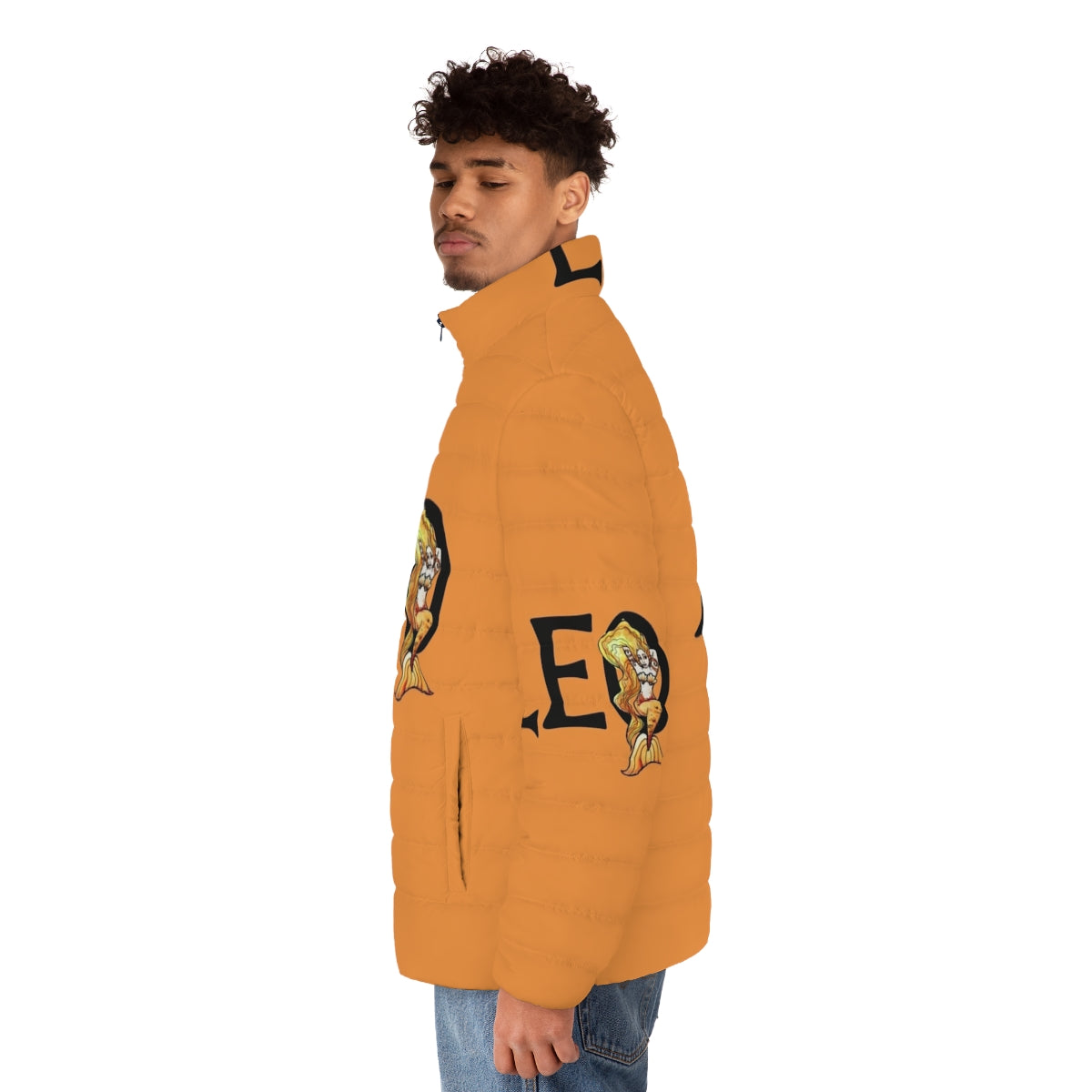 Leo puffer jacket with zodiac and astrology design - men side left