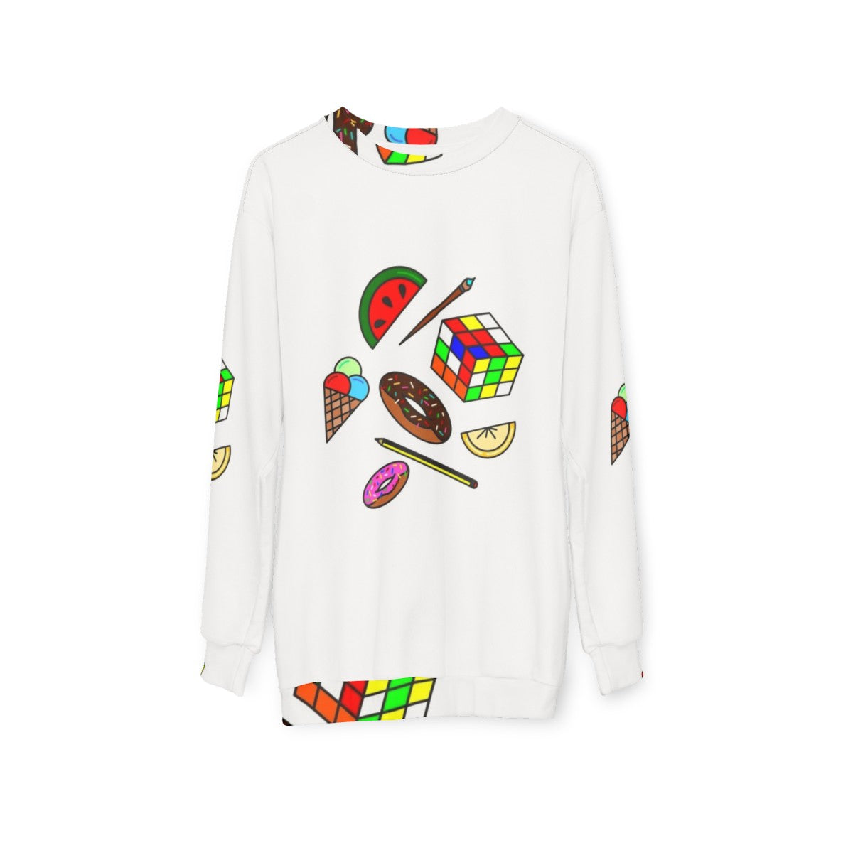 Hobbies and Food Sweatshirt with Colorful Pattern and Doodle Designs - hanging