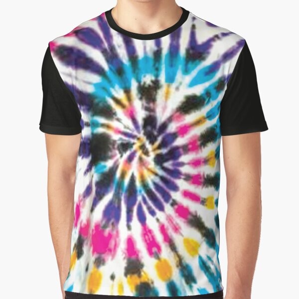 Colorful spiral tie dye graphic design on a t-shirt featuring black, white, purple, yellow, pink, and cyan colors.