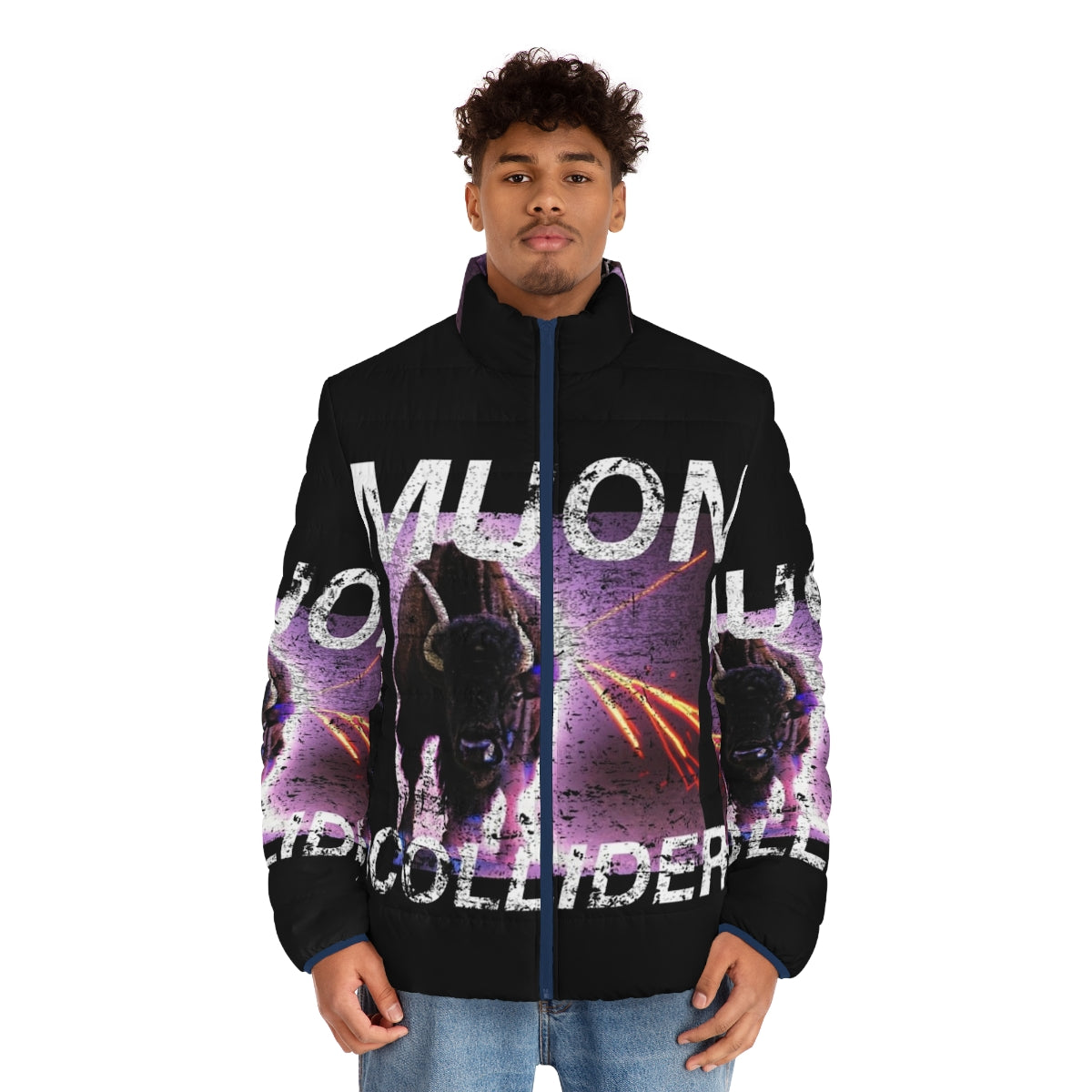 Muon Collider inspired retro puffer jacket with vintage physics t-shirt design - men front