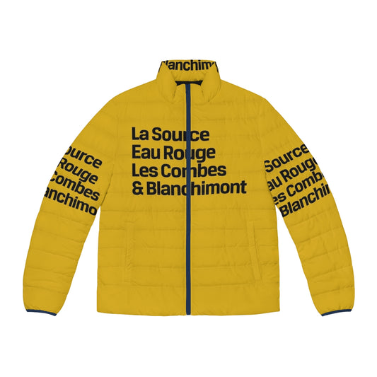 Black puffer jacket featuring Spa Francorchamps circuit corner names, perfect for Formula 1 fans