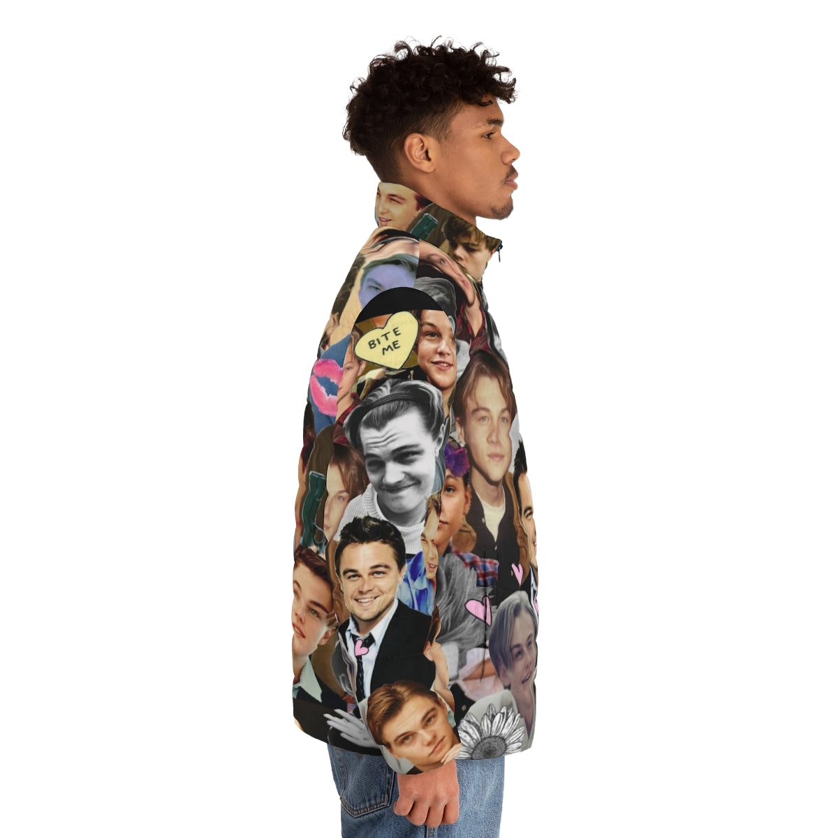 Leonardo DiCaprio collage print on a puffer jacket, featuring the actor in various movie scenes and poses. - men side right