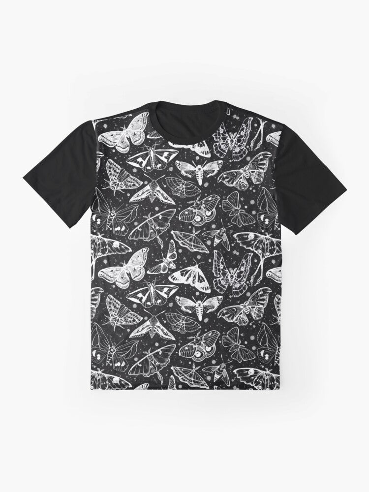 Artistic illustration of a mystical moth on a black graphic t-shirt - Flat lay