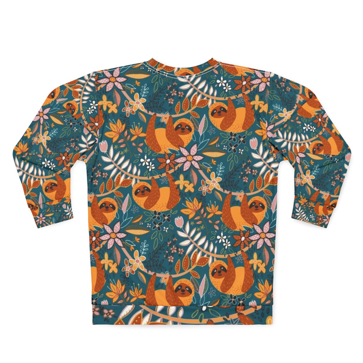 Boho floral sloth sweatshirt with teal, orange, and blush colors - Back