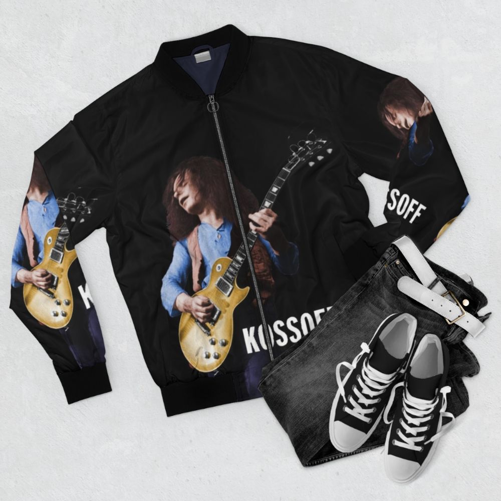 Vintage Paul Kossoff bomber jacket with classic 70s rock style and design - Flat lay