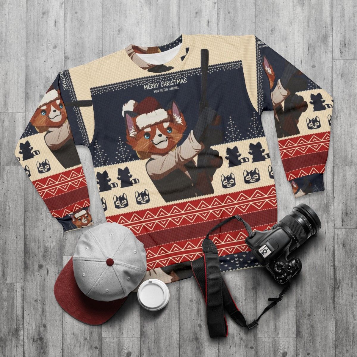 "Merry Christmas You Filthy Animal" Home Alone Inspired Sweatshirt with Red Panda and Feretta - flat lay