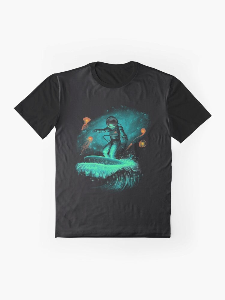 Astronaut surfing in outer space, cosmic surfer graphic t-shirt - Flat lay