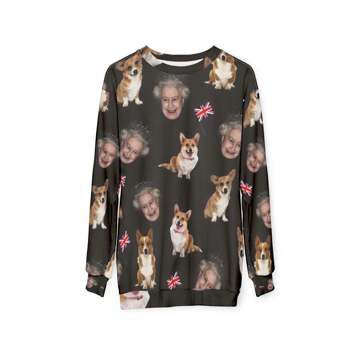 Queen Elizabeth and Corgis Pattern Sweatshirt - hanging