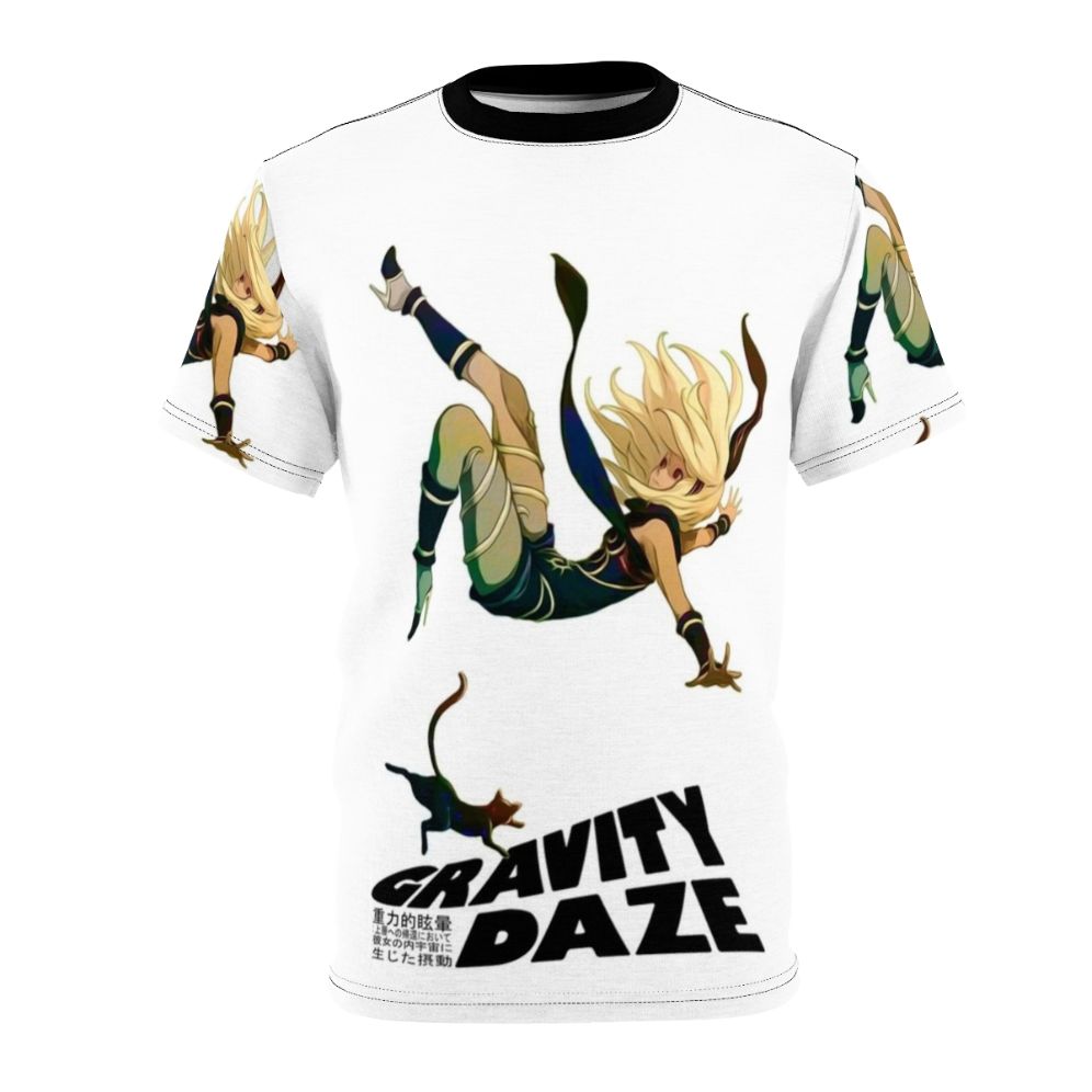 A stylish t-shirt featuring a gravity-defying design, inspired by the popular PlayStation game Gravity Daze.