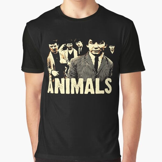 Vintage-style graphic t-shirt featuring classic rock bands like The Animals, Credence Clearwater Revival, and Led Zeppelin.