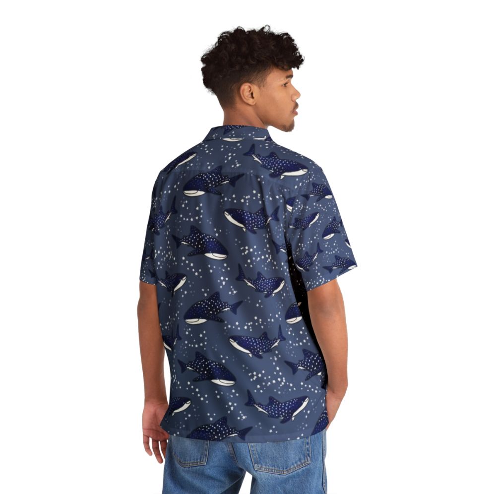 Dark blue Hawaiian shirt with cartoon whale sharks and starry night sky - People Back