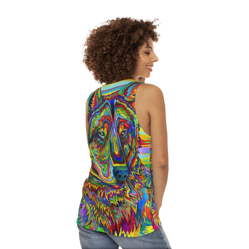 Colorful psychedelic rainbow wolf tank top design - women back