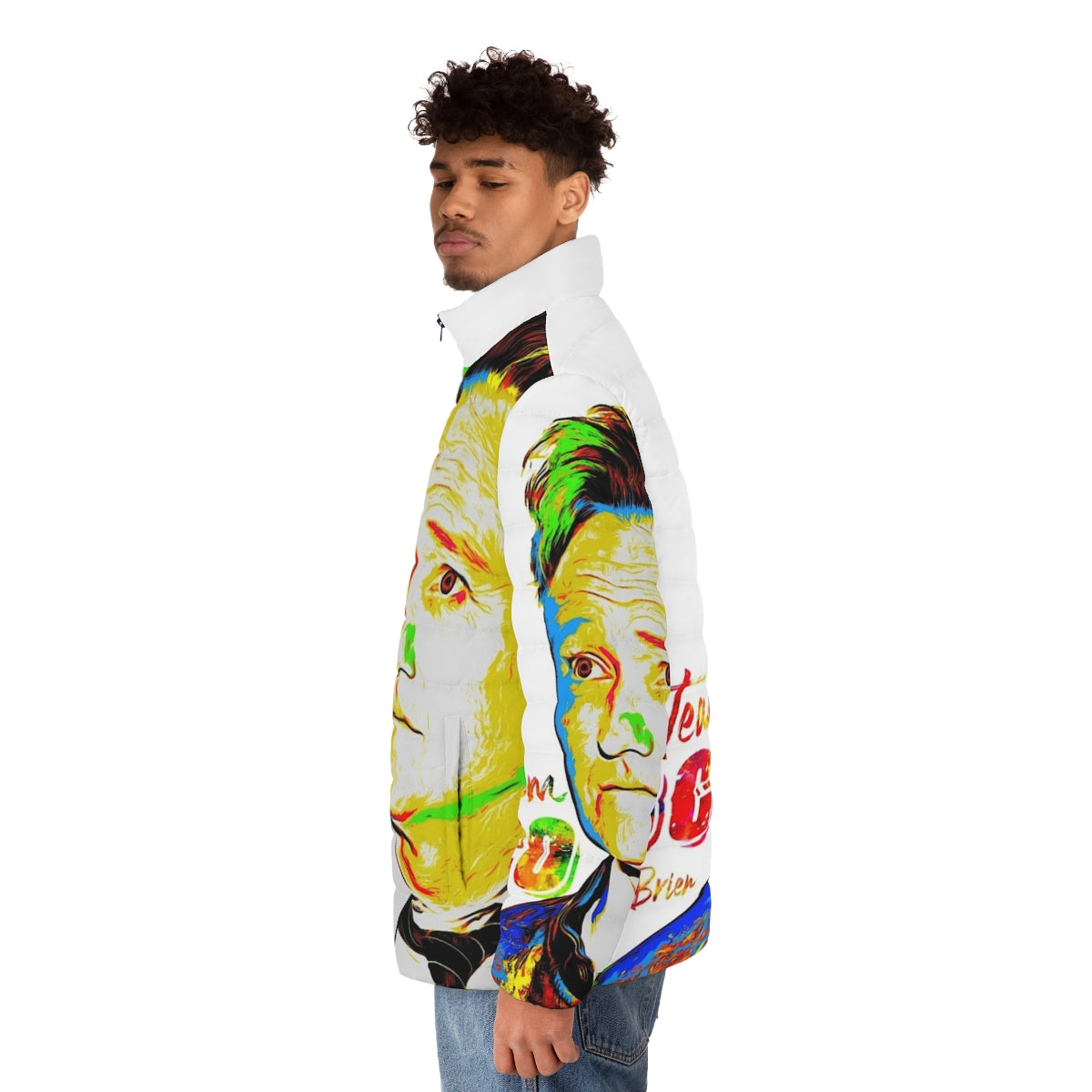 Conan O'Brien Team Coco Puffer Jacket featuring a cool watercolor portrait design - men side left