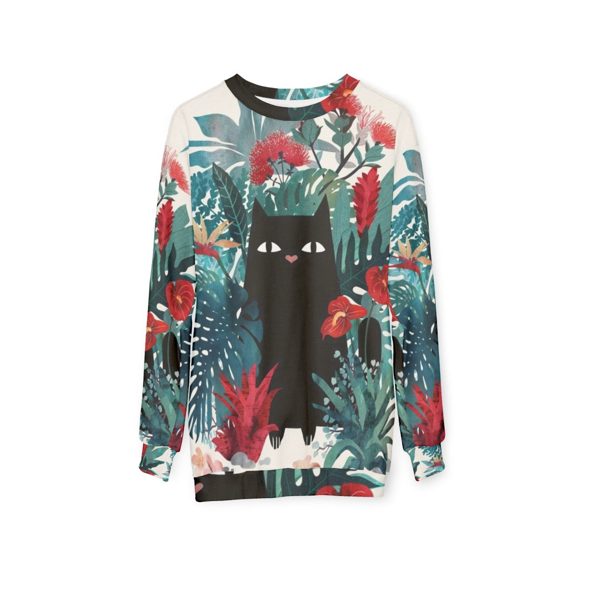 Popoki Black Cat Sweatshirt with Tropical Floral Print - hanging