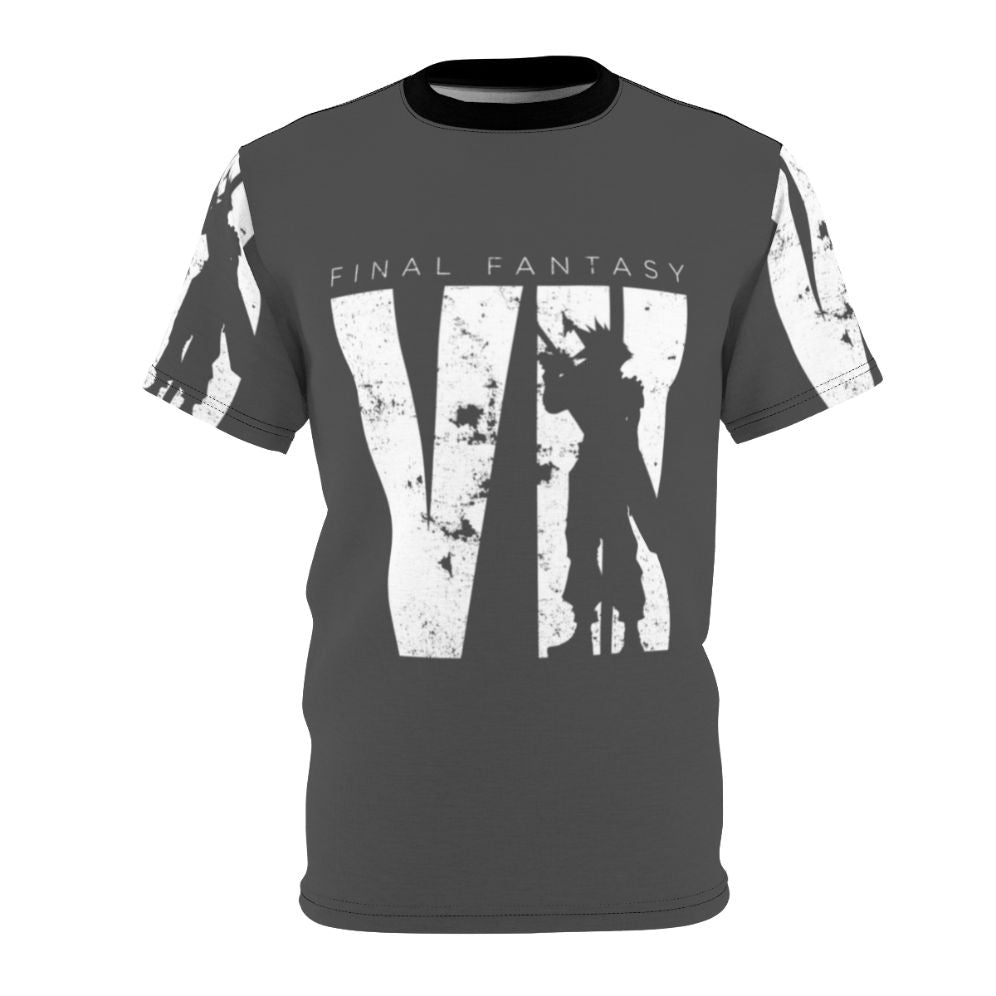 Vintage-style t-shirt featuring iconic characters and elements from the classic video game Final Fantasy 7.