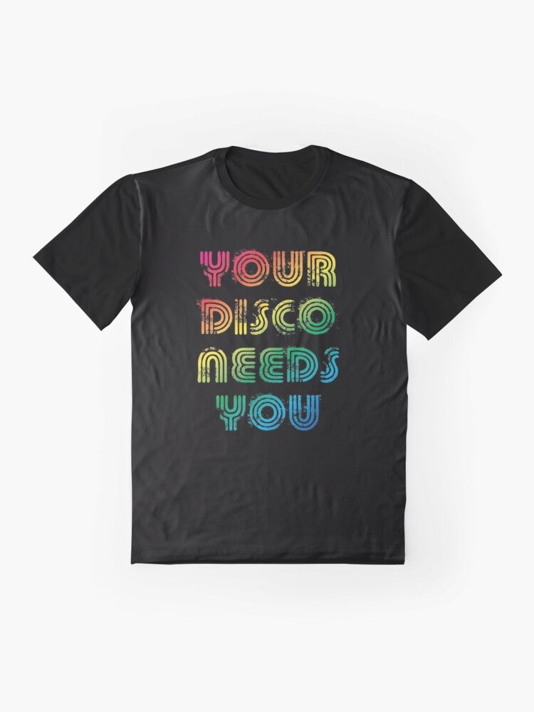 "Your Disco Needs You" Pride Graphic T-Shirt featuring a rainbow flag and Kylie Minogue-inspired design - Flat lay