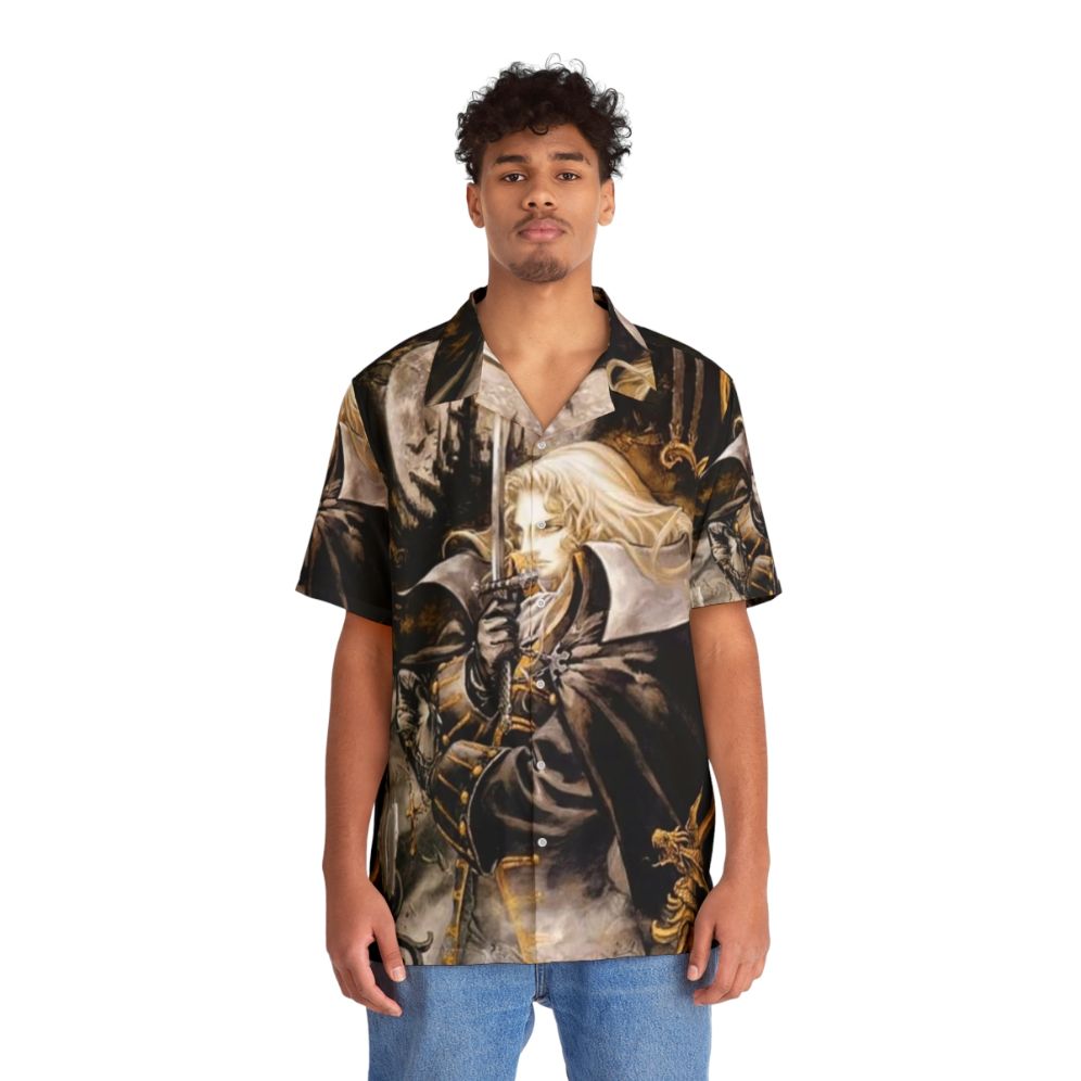 Castlevania inspired Hawaiian shirt with retro gaming graphics - People Front