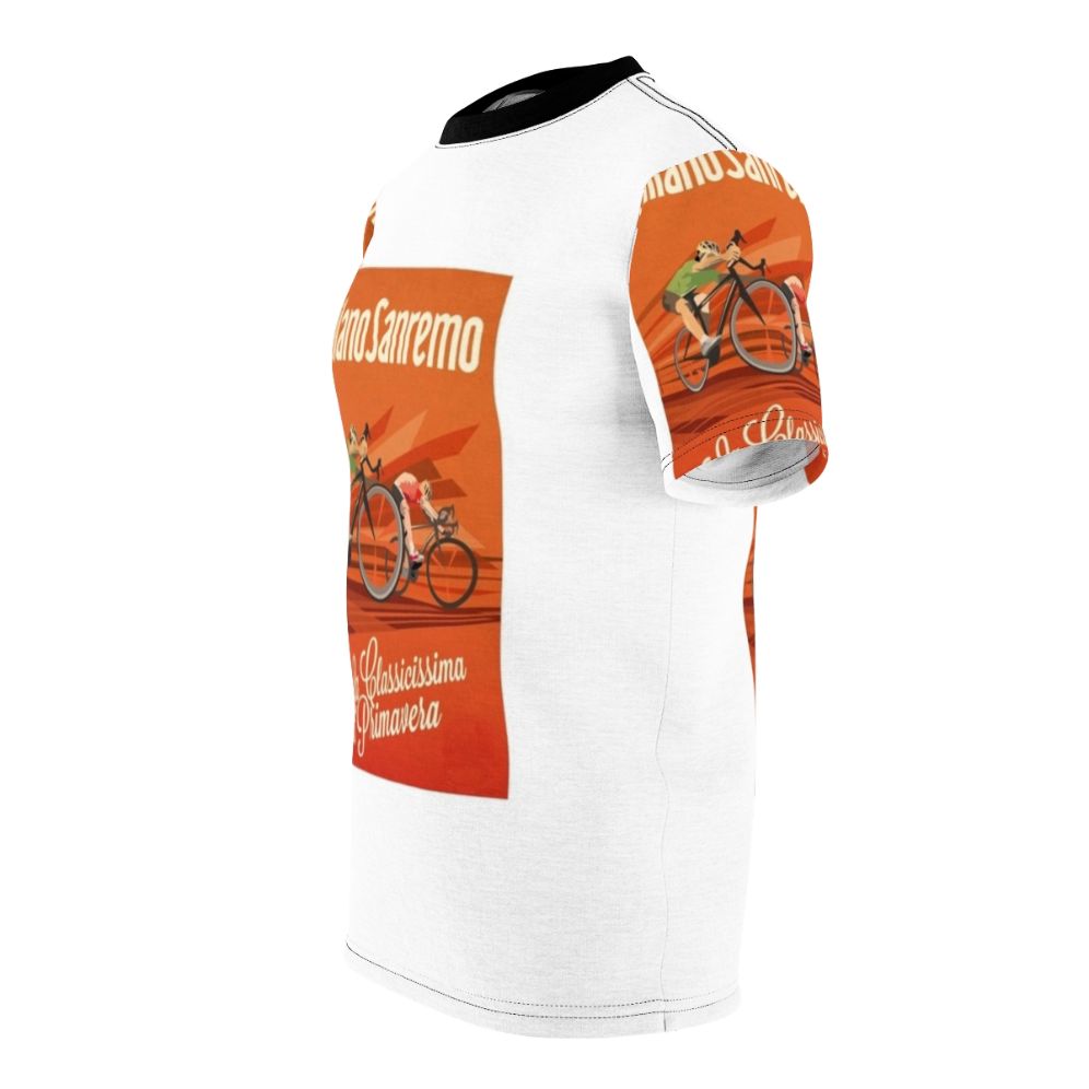 Retro cycling jersey inspired by the Milan-San Remo classic, featuring a vintage-style design with cycling imagery. - men left