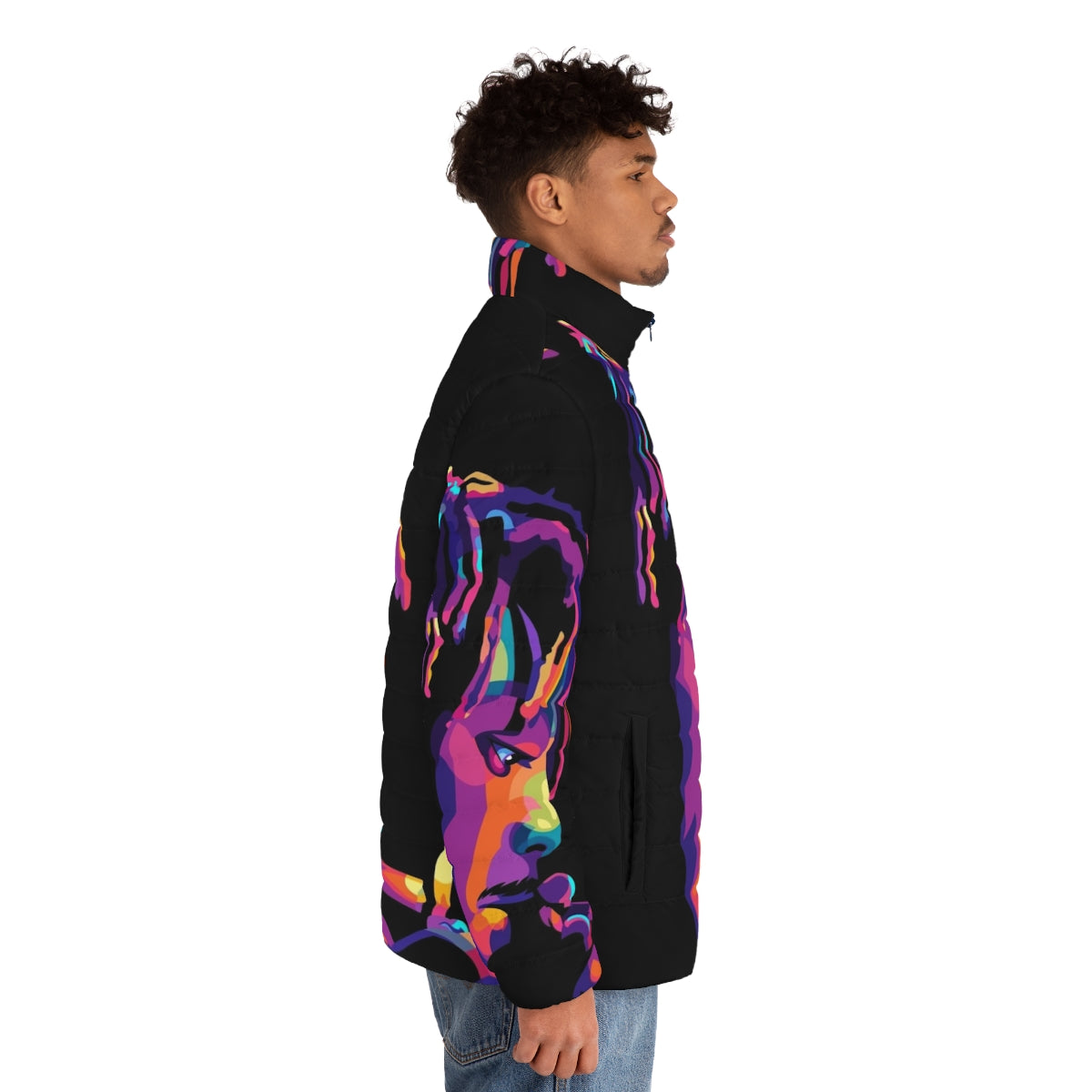 999 Legend Never Die Puffer Jacket with colorful music-inspired design - men side right