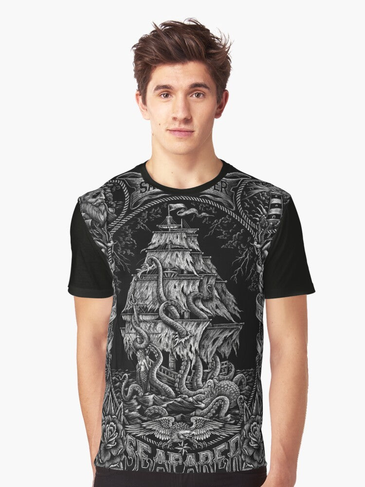 Vintage-style graphic t-shirt featuring a hand-drawn "Prayer for the Seafarer" design with nautical elements like an anchor, octopus, and typography. - Men