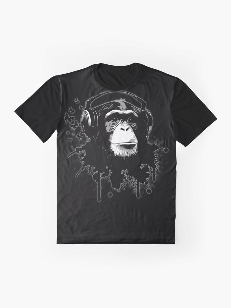 A black t-shirt featuring a cool monkey/chimpanzee graphic in an urban graffiti-style design. - Flat lay