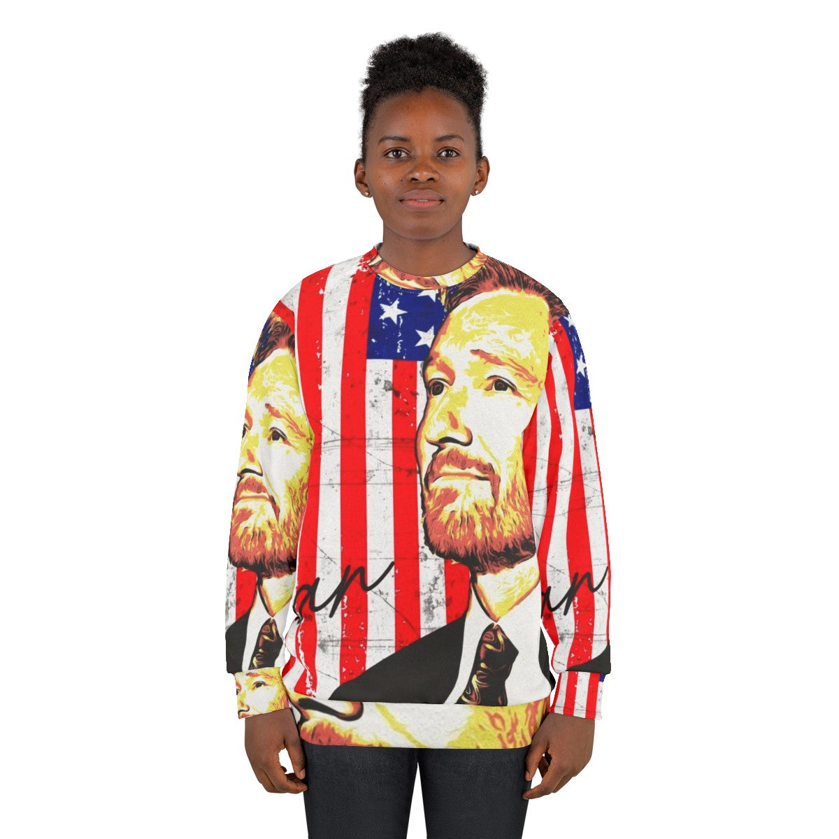 Conan O'Brien wearing an American flag sweatshirt - women